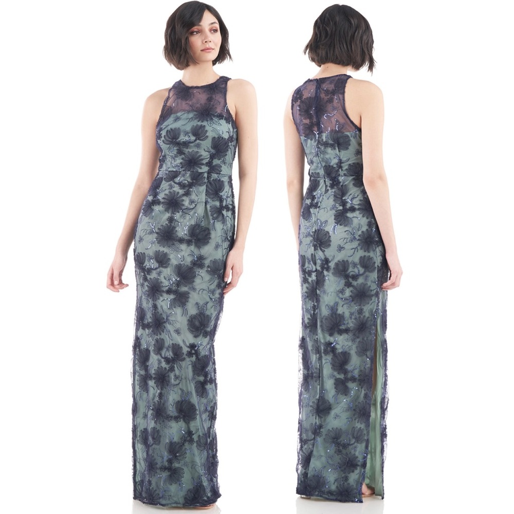 JS Collections Navy Lace-Overlay Green Maxi Dress